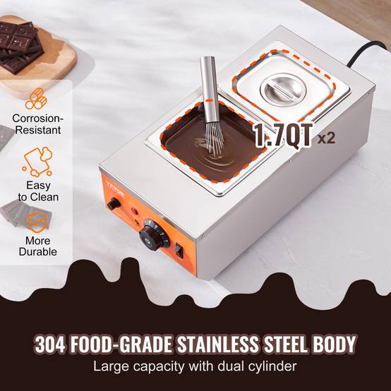VEVOR Tempereuse chocolat commerciale, 800 W, 2 cuves 1,5 L. Bain-marie, inox, 30-85 °C. - Image 5