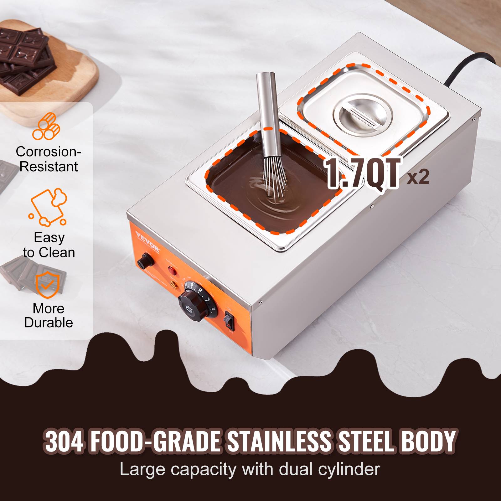 VEVOR Tempereuse chocolat commerciale, 800 W, 2 cuves 1,5 L. Bain-marie, inox, 30-85 °C. - Image 5