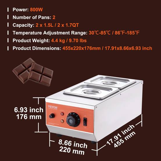 VEVOR Tempereuse chocolat commerciale, 800 W, 2 cuves 1,5 L. Bain-marie, inox, 30-85 °C. - Image 7