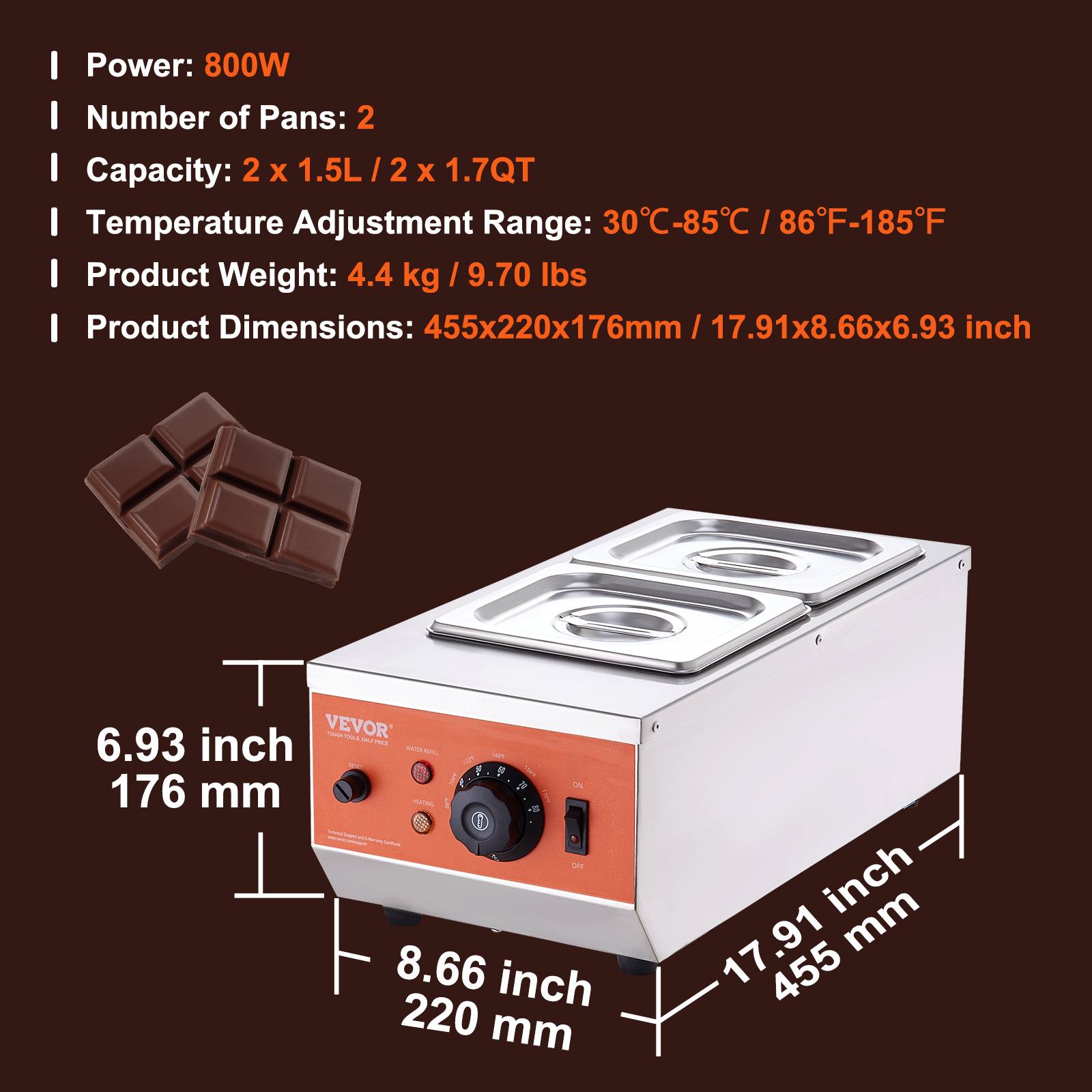 VEVOR Tempereuse chocolat commerciale, 800 W, 2 cuves 1,5 L. Bain-marie, inox, 30-85 °C. - Image 7