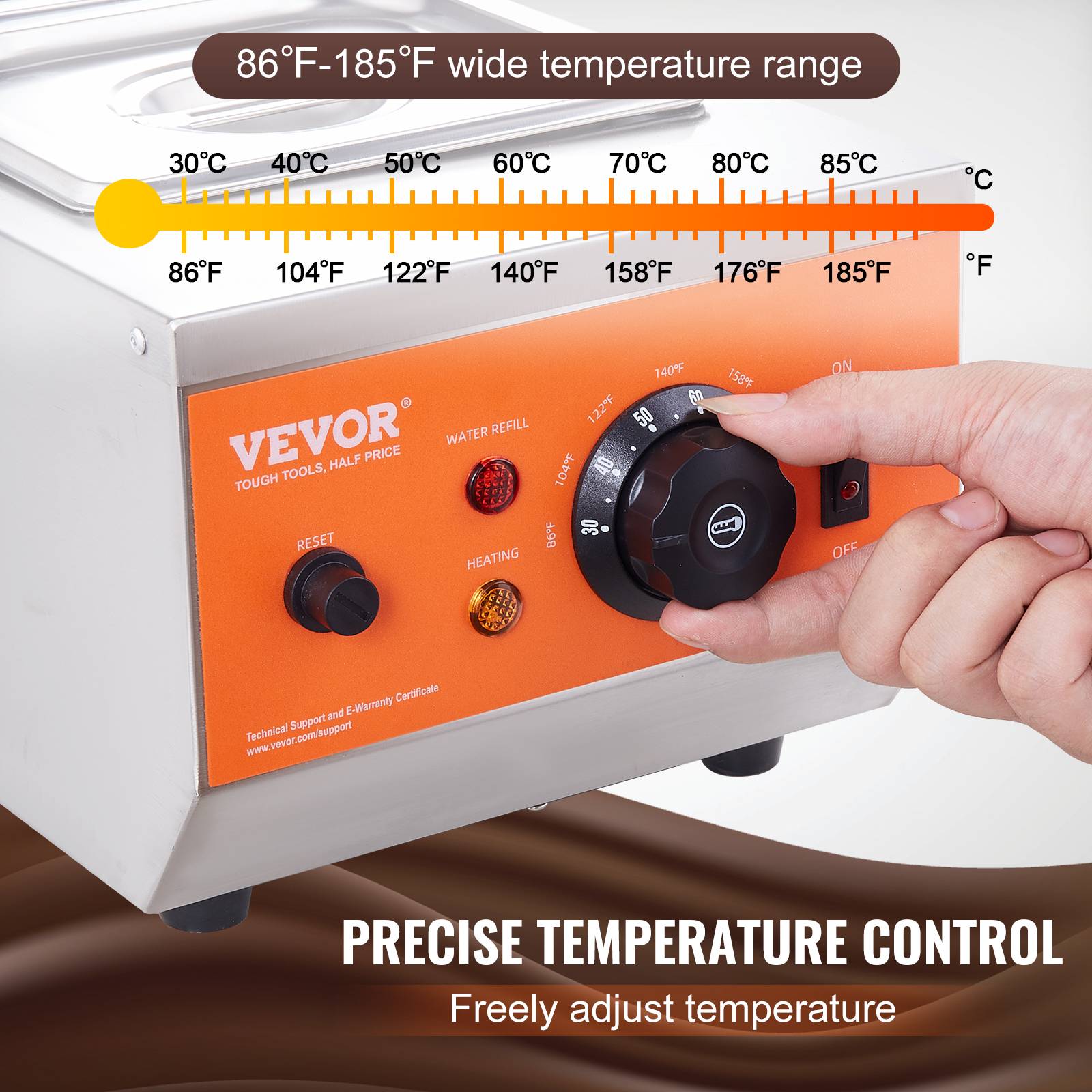 VEVOR Tempereuse chocolat commerciale, 800 W, 2 cuves 1,5 L. Bain-marie, inox, 30-85 °C. - Image 3