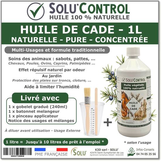 Huile de Cade Pure Concentrée – Soin Traditionnel Multi-Usages pour Animaux, Sabots, Bois et Zones Exposées – Flacon de 1L Solu'Control - Image 1