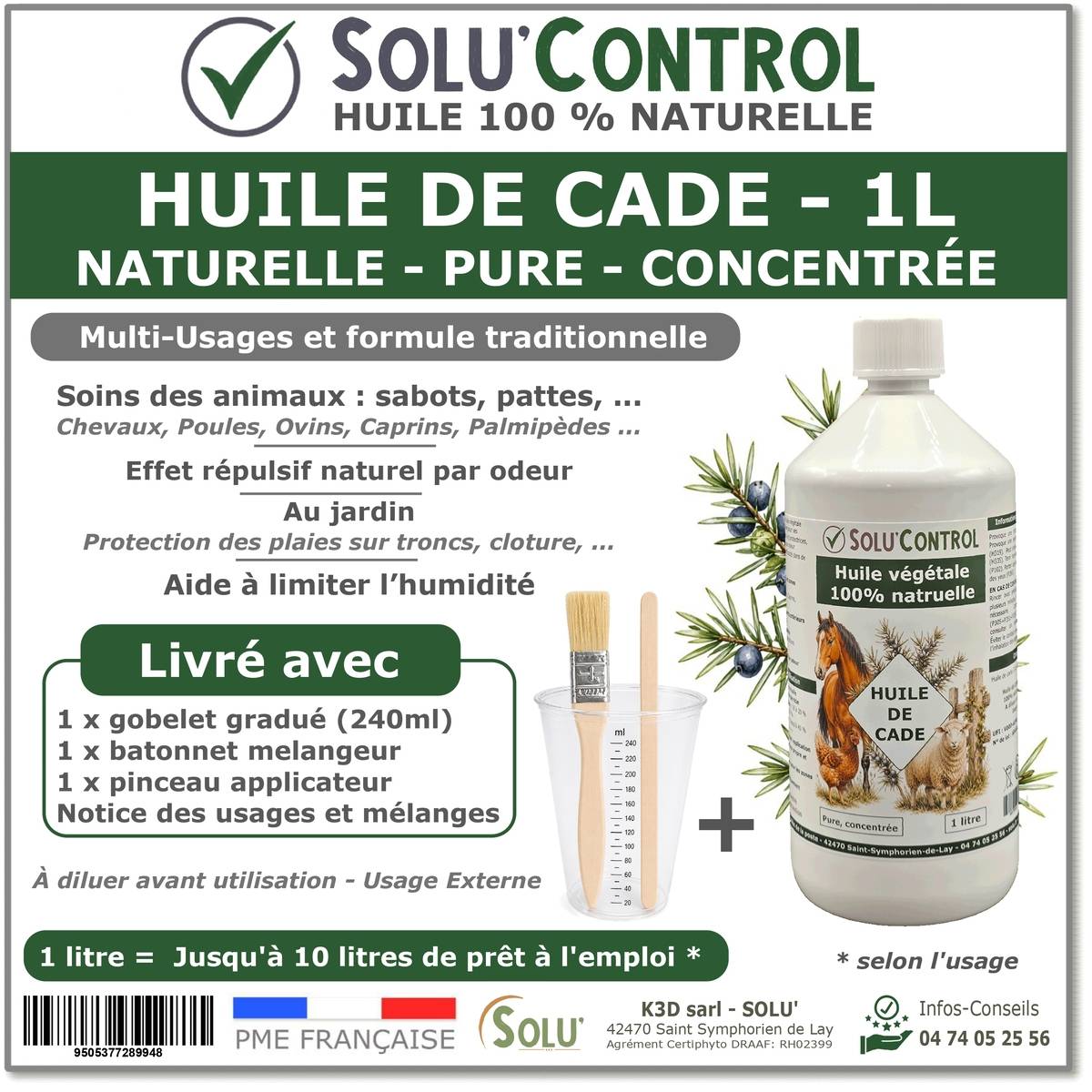 Huile de Cade Pure Concentrée – Soin Traditionnel Multi-Usages pour Animaux, Sabots, Bois et Zones Exposées – Flacon de 1L Solu'Control - Image 1