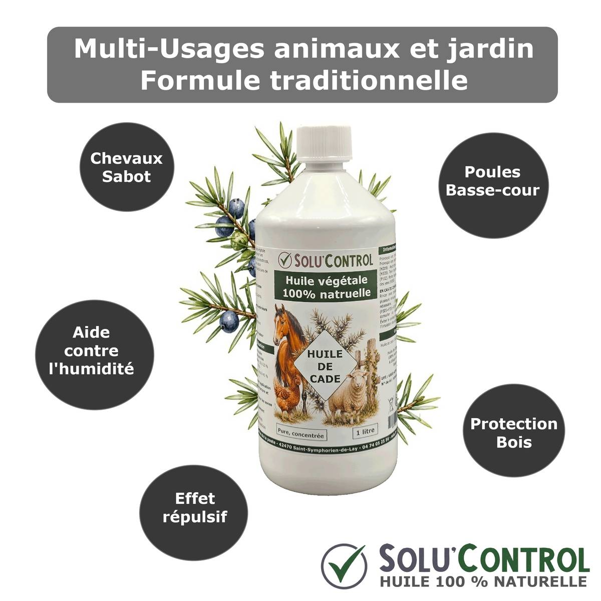 Huile de Cade Pure Concentrée – Soin Traditionnel Multi-Usages pour Animaux, Sabots, Bois et Zones Exposées – Flacon de 1L Solu'Control - Image 3