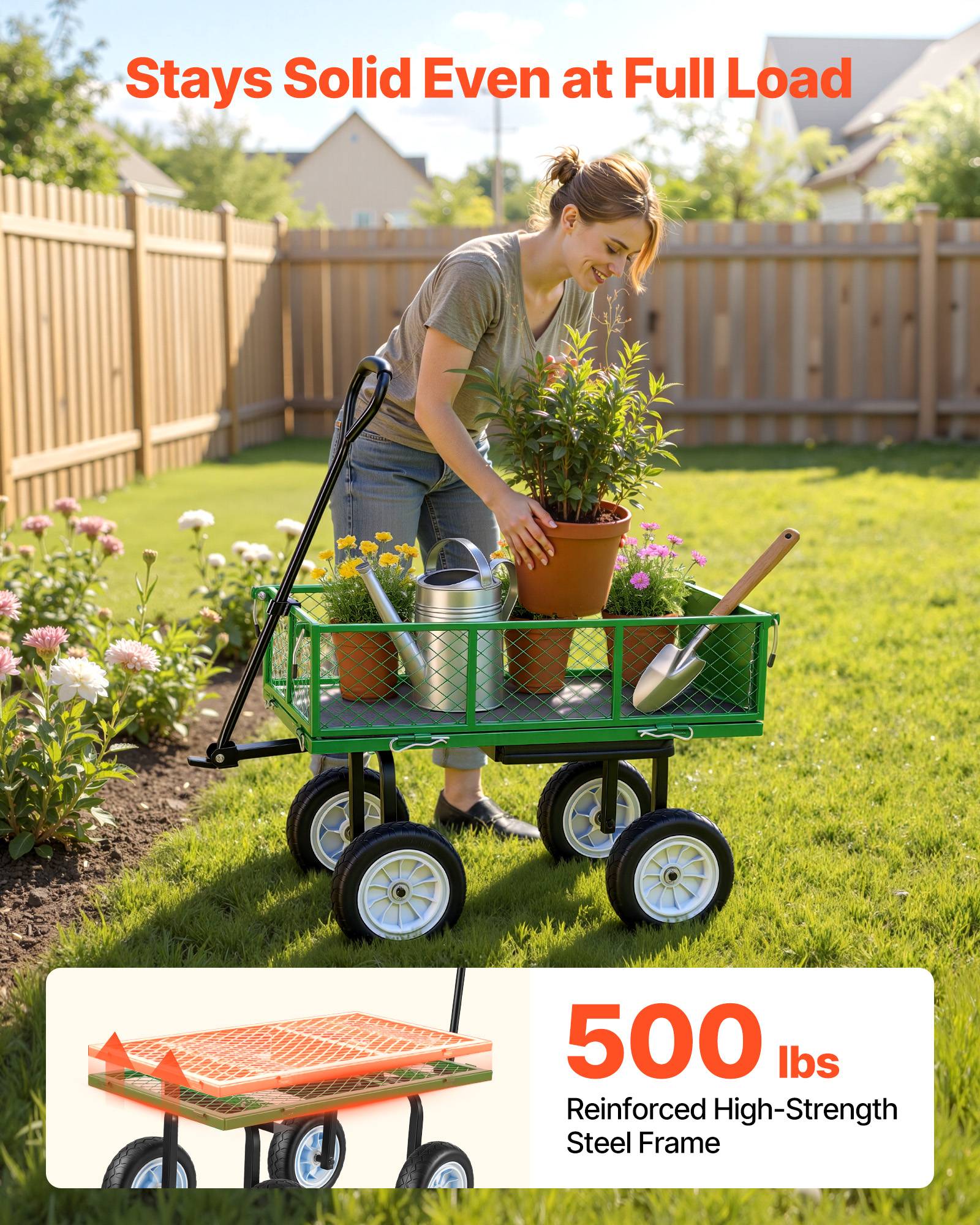 Vevor - VEVOR Chariot de jardin acier 2 en 1, siège intégré, capacité 226,8 kg, panneaux amovibles, pneus PU 25,4 cm increvables, tablette latérale, vert. - Image 2
