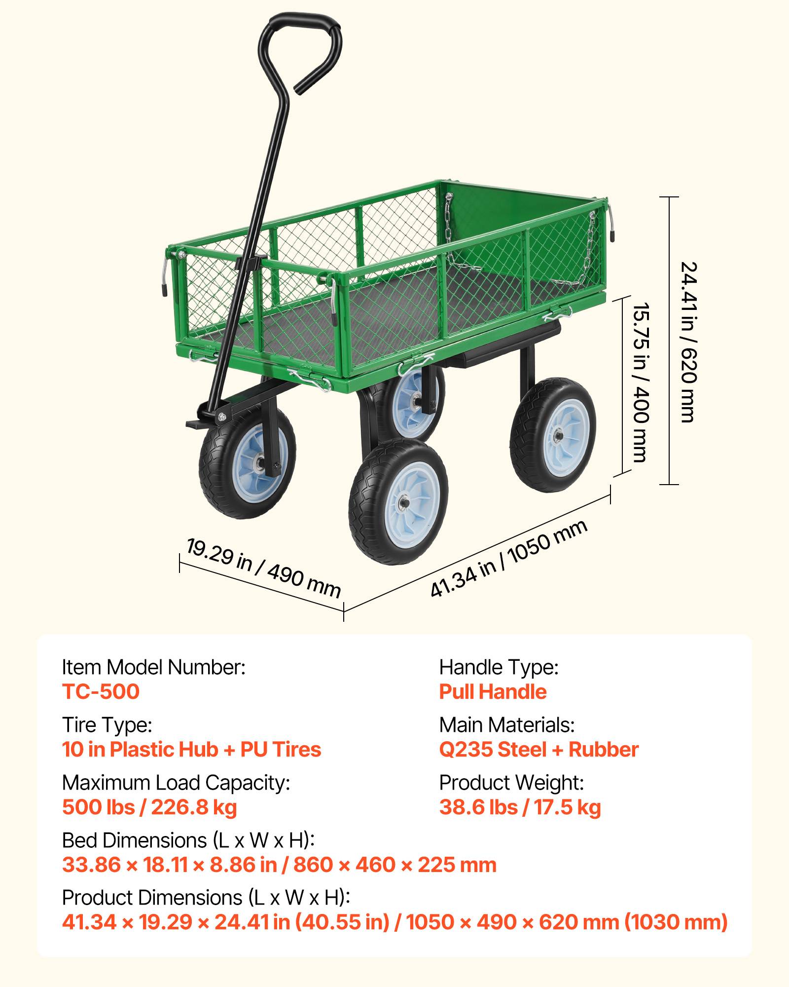 Vevor - VEVOR Chariot de jardin acier 2 en 1, siège intégré, capacité 226,8 kg, panneaux amovibles, pneus PU 25,4 cm increvables, tablette latérale, vert. - Image 6