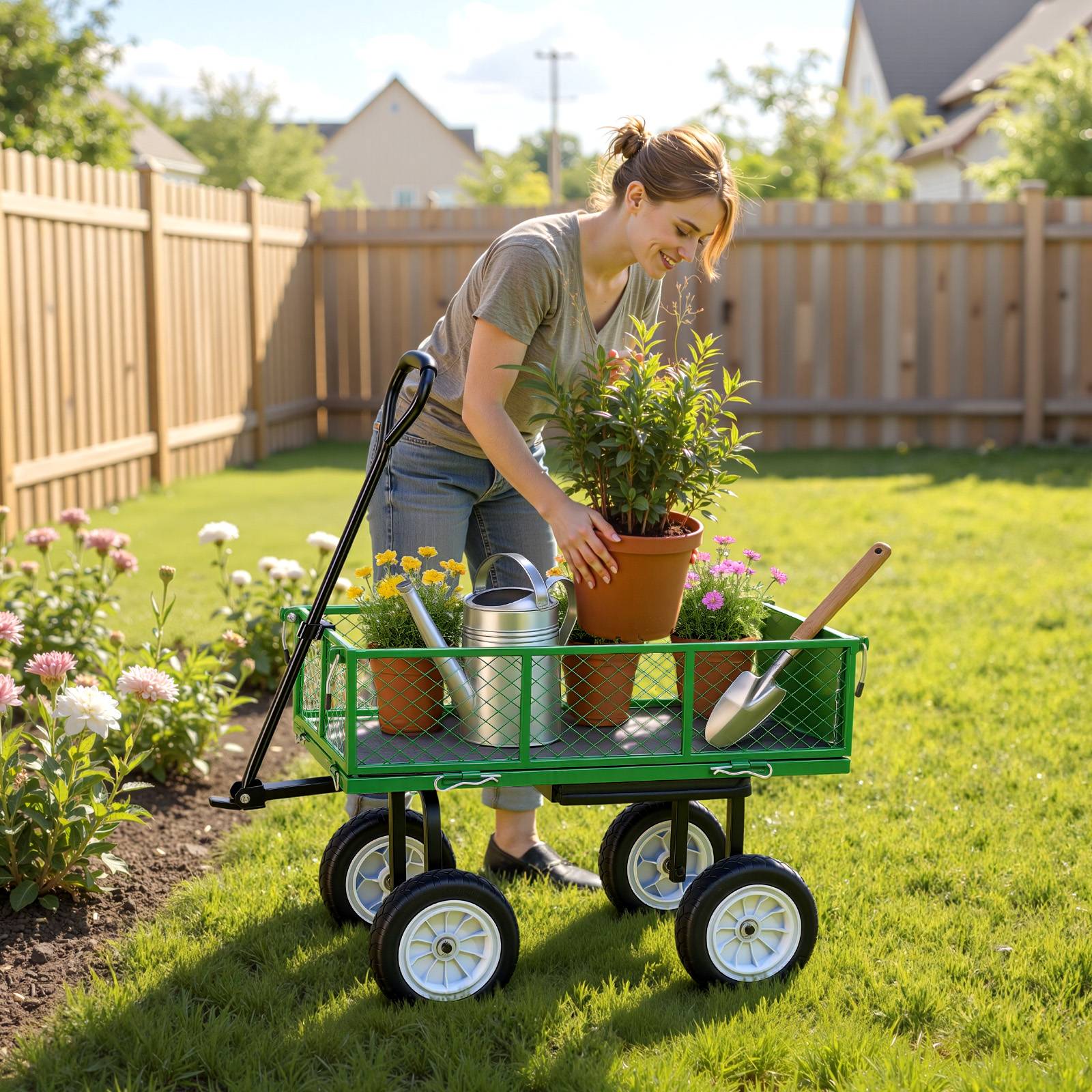 Vevor - VEVOR Chariot de jardin acier 2 en 1, siège intégré, capacité 226,8 kg, panneaux amovibles, pneus PU 25,4 cm increvables, tablette latérale, vert. - Image 8
