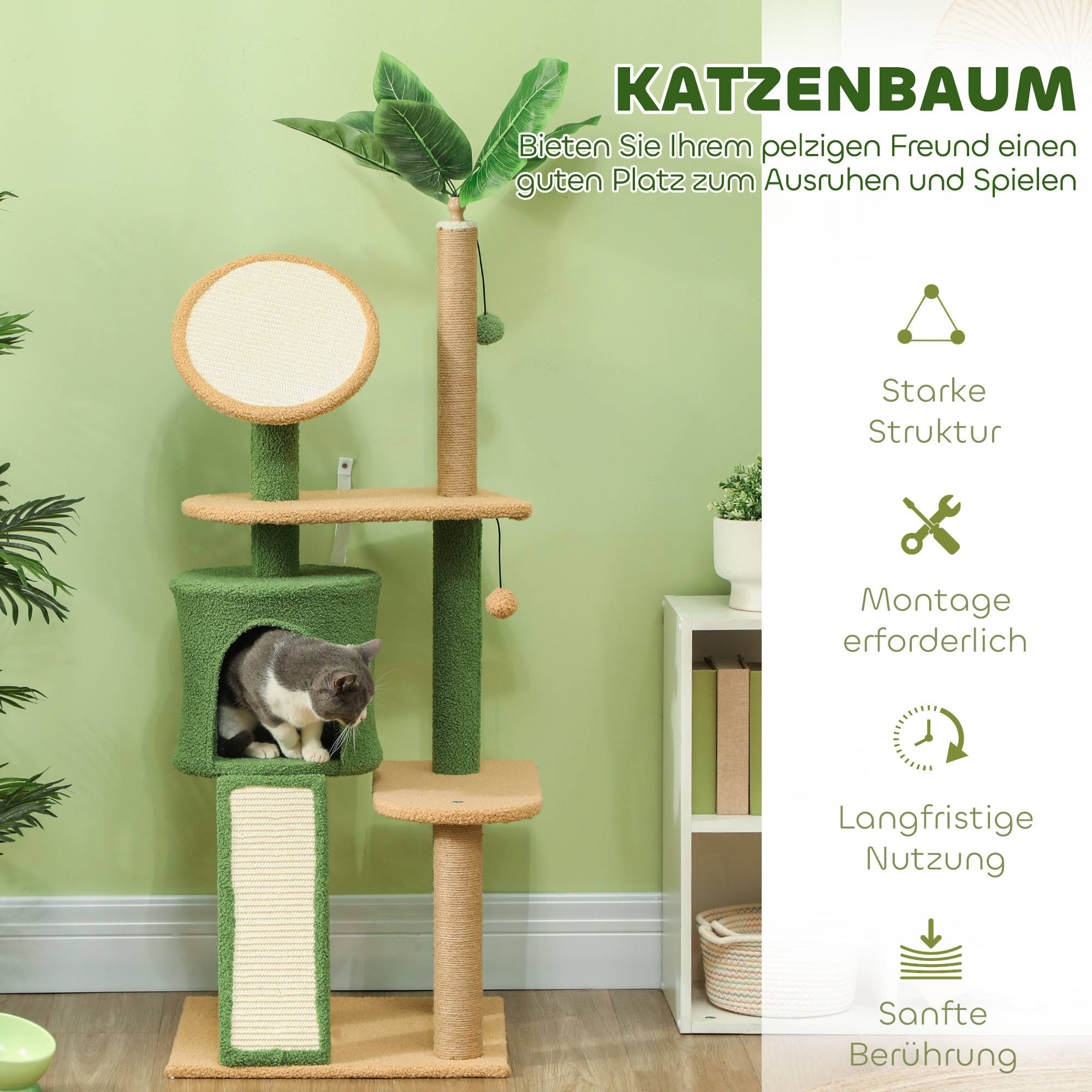 Arbre à chat bois peluche pour intérieur centre de jeu complet 139cm vert - ComfortXL Outdoor Living - Image 6