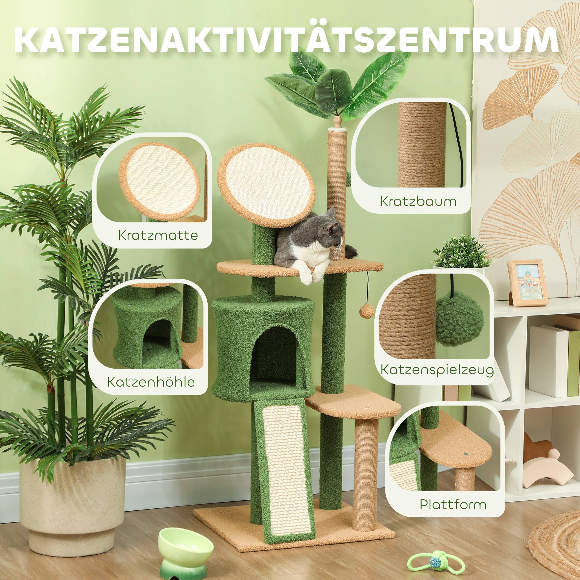 Arbre à chat bois peluche pour intérieur centre de jeu complet 139cm vert - ComfortXL Outdoor Living - Image 7