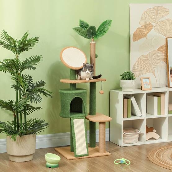 Arbre à chat bois peluche pour intérieur centre de jeu complet 139cm vert - ComfortXL Outdoor Living - Image 3