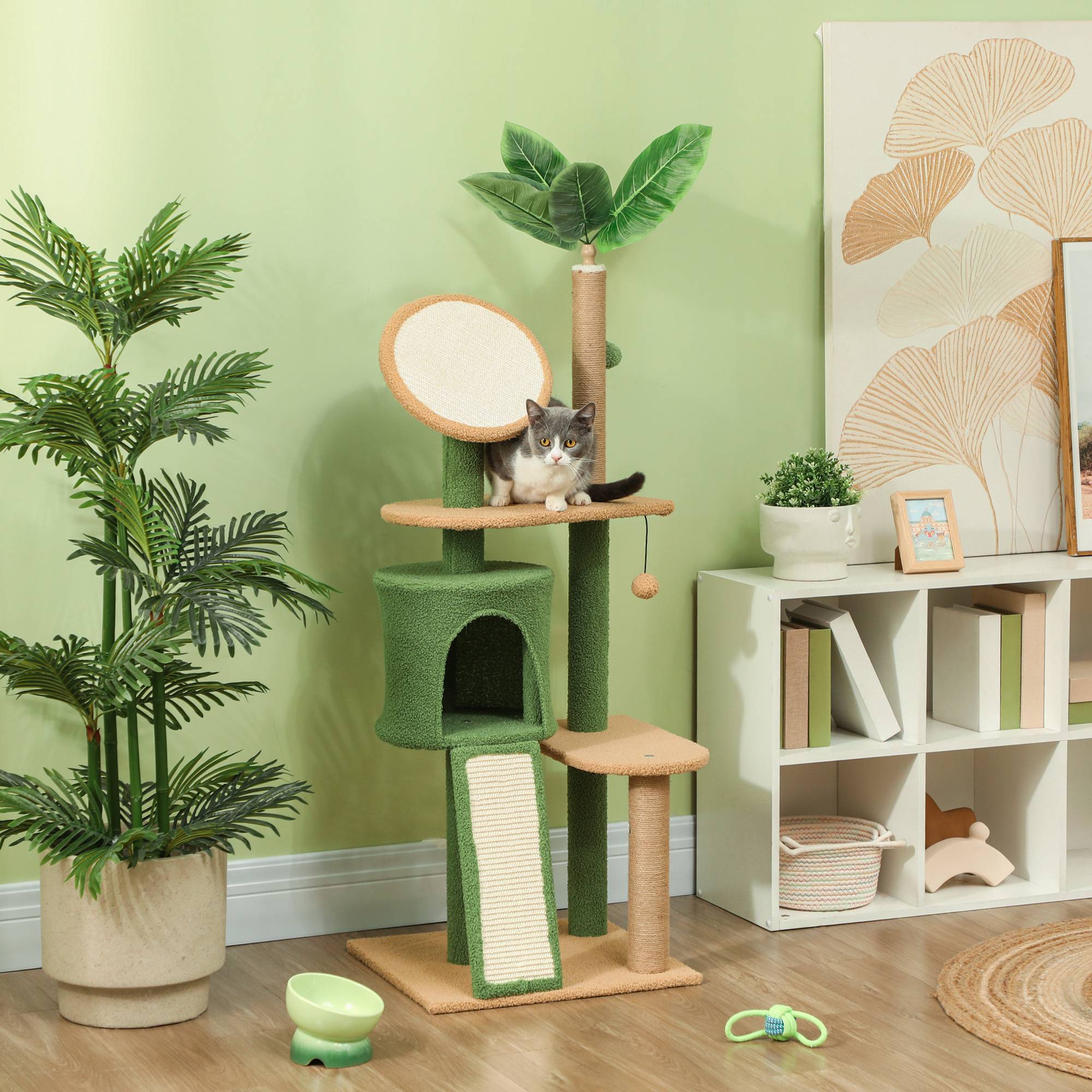 Arbre à chat bois peluche pour intérieur centre de jeu complet 139cm vert - ComfortXL Outdoor Living - Image 3