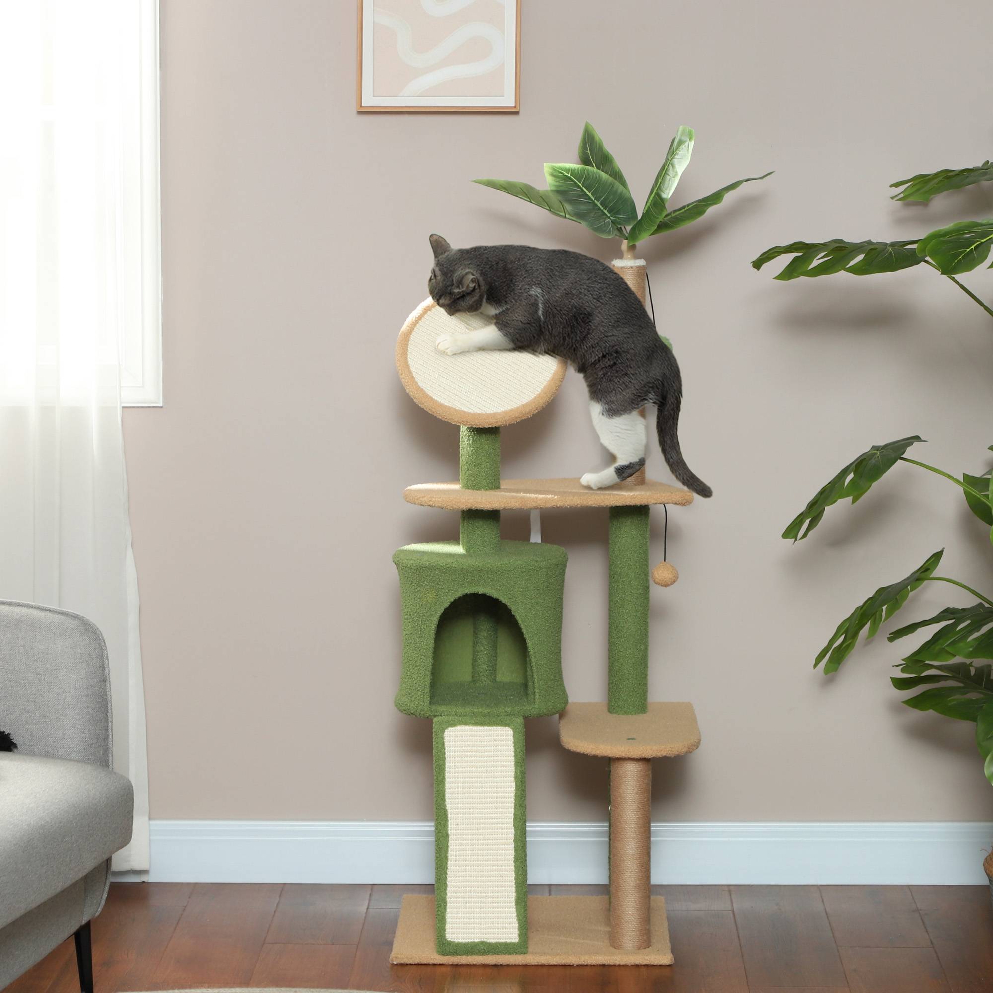 Arbre à chat bois peluche pour intérieur centre de jeu complet 139cm vert - ComfortXL Outdoor Living - Image 4