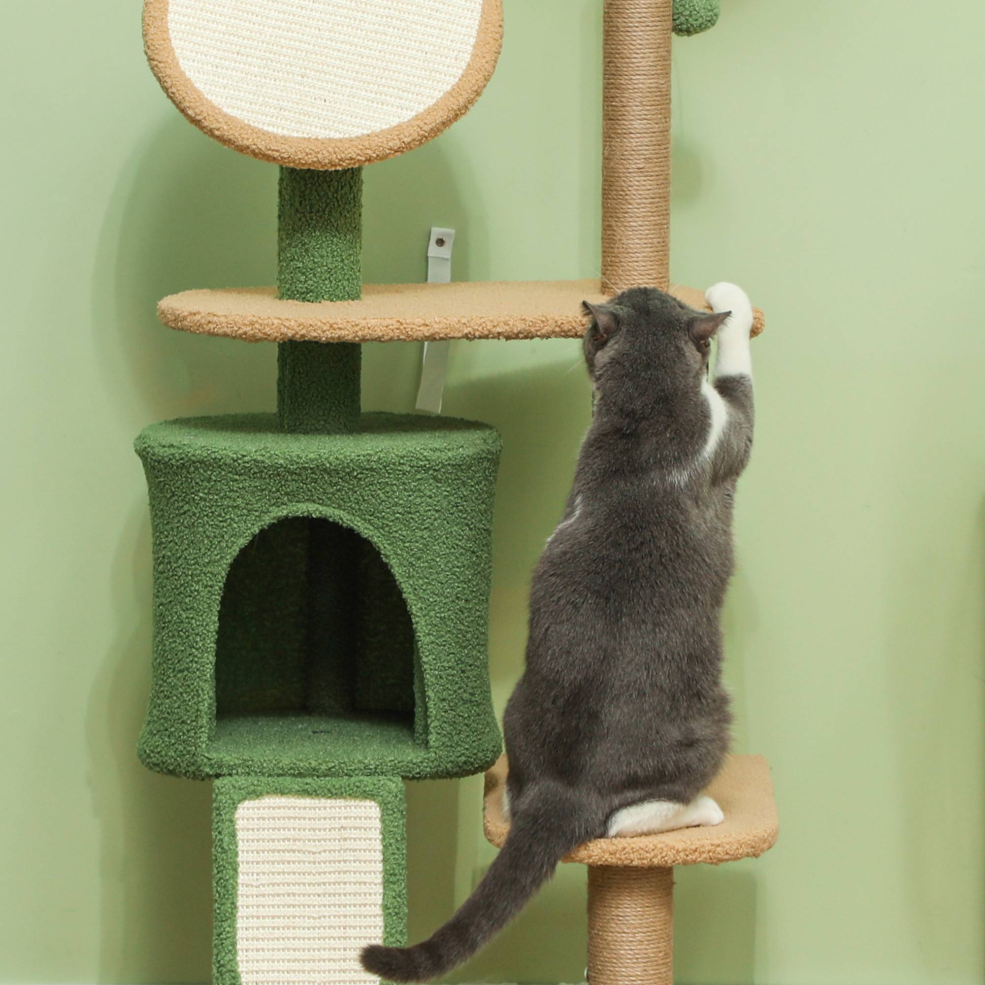 Arbre à chat bois peluche pour intérieur centre de jeu complet 139cm vert - ComfortXL Outdoor Living - Image 10