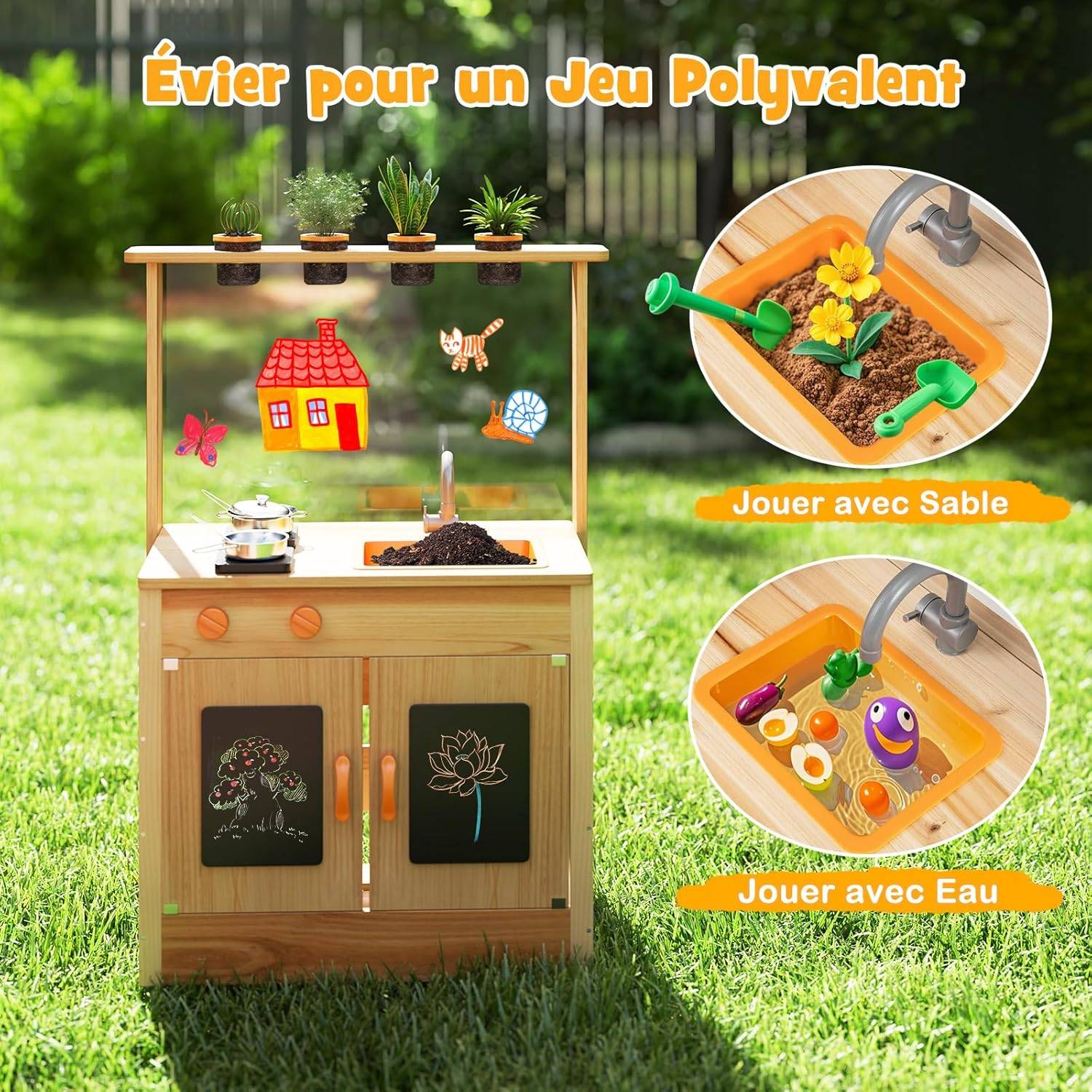 Cuisine d'Extérieur Enfant à Double Face, 2 en 1 Cuisine en Bois Enfant avec Tableau Noir, Four