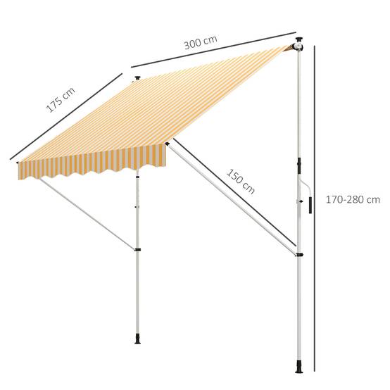 Store banne rétractable manuelle 300 x 150 x 170-280 cm avec hauteur réglable, manivelle et protection solaire pour terrasse, orange - Image 5
