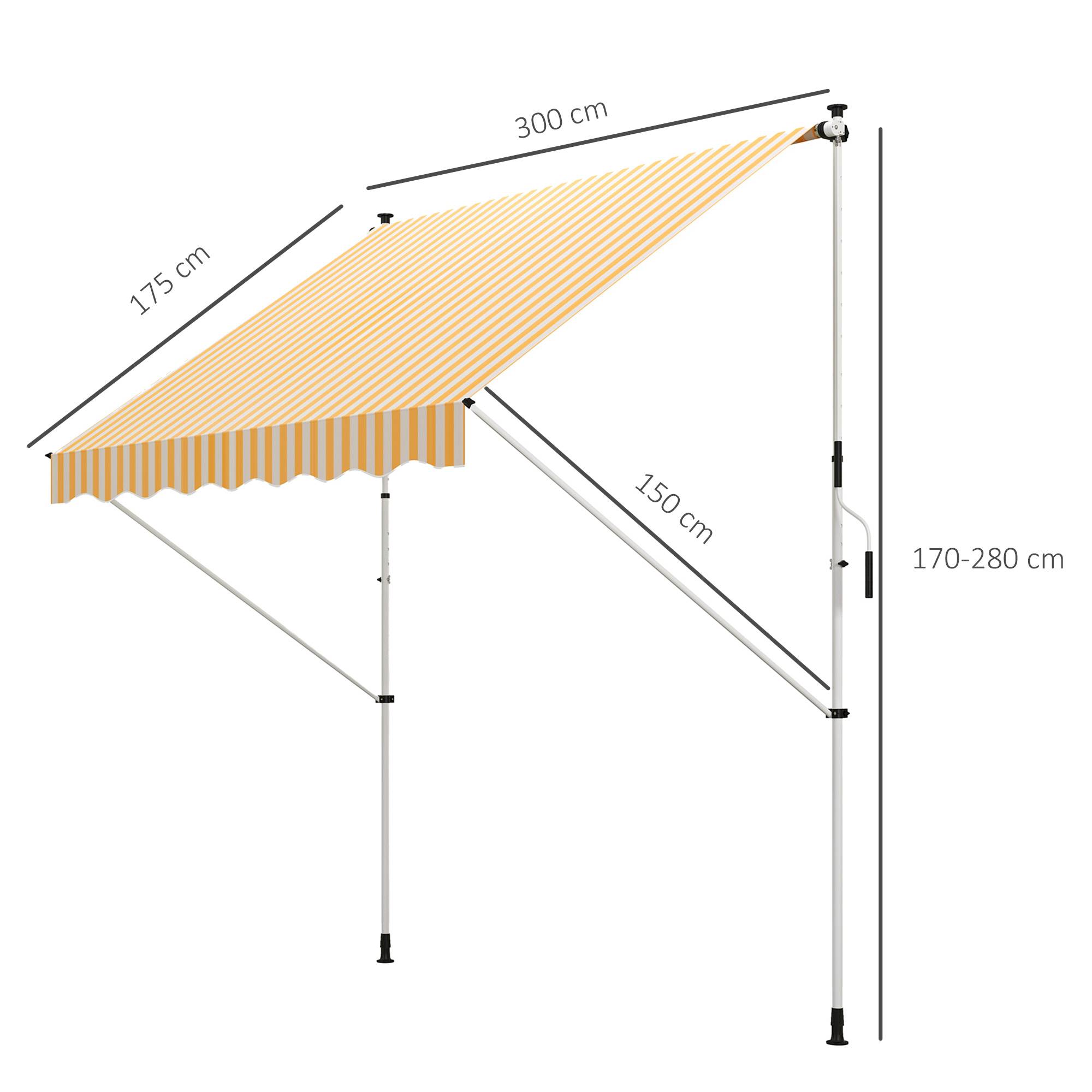 Store banne rétractable manuelle 300 x 150 x 170-280 cm avec hauteur réglable, manivelle et protection solaire pour terrasse, orange - Image 5