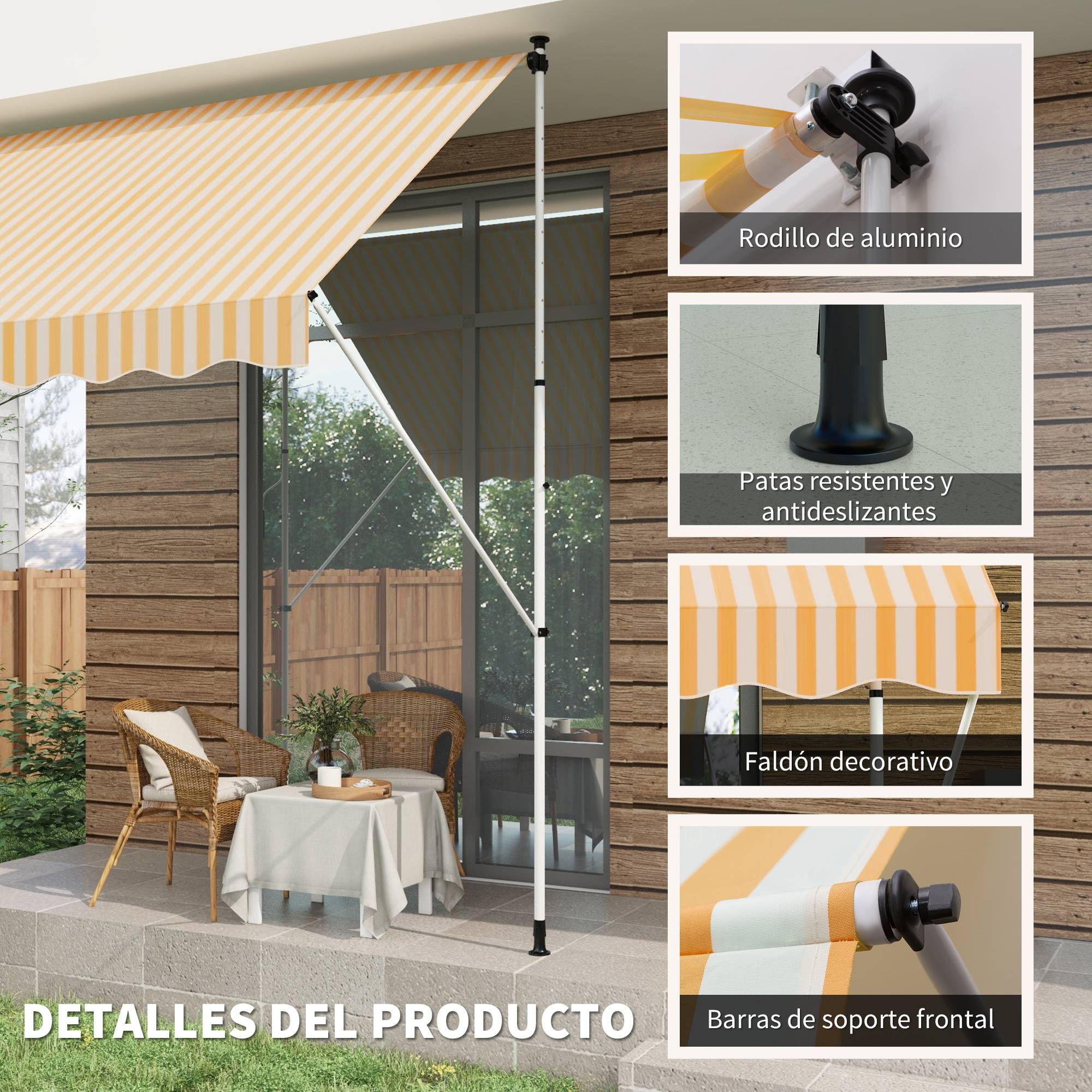 Store banne rétractable manuelle 300 x 150 x 170-280 cm avec hauteur réglable, manivelle et protection solaire pour terrasse, orange - Image 7