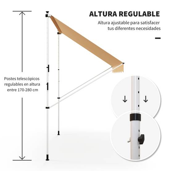 Store banne rétractable manuelle 300 x 150 x 170-280 cm avec hauteur réglable, manivelle et protection solaire pour terrasse, orange - Image 9
