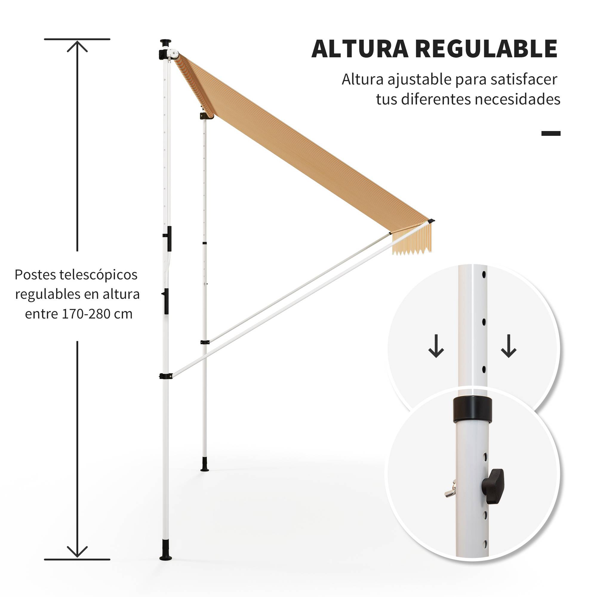 Store banne rétractable manuelle 300 x 150 x 170-280 cm avec hauteur réglable, manivelle et protection solaire pour terrasse, orange - Image 9
