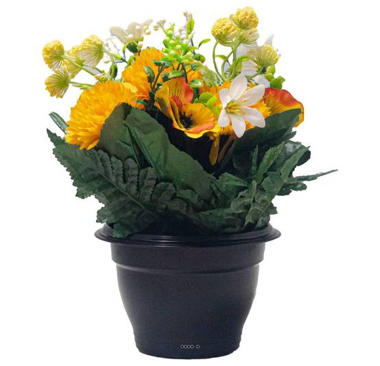 Pot de Chrysantheme, pensée et mini fleurs artificiels pour la Toussaint Jaune - couleur: Jaune - Image 1
