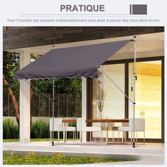 Store Banne Manuel Rétractable 3 x 1,5 m, Sans Perçage, Hauteur et Inclinaison Réglables, Aluminium et Polyester Anti-UV, Gris - Image 10