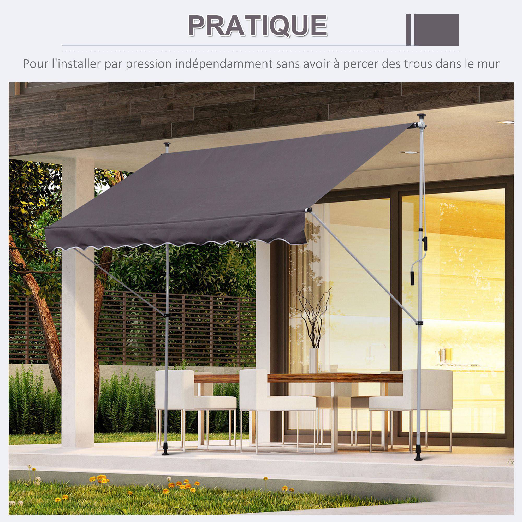 Store Banne Manuel Rétractable 3 x 1,5 m, Sans Perçage, Hauteur et Inclinaison Réglables, Aluminium et Polyester Anti-UV, Gris - Image 10