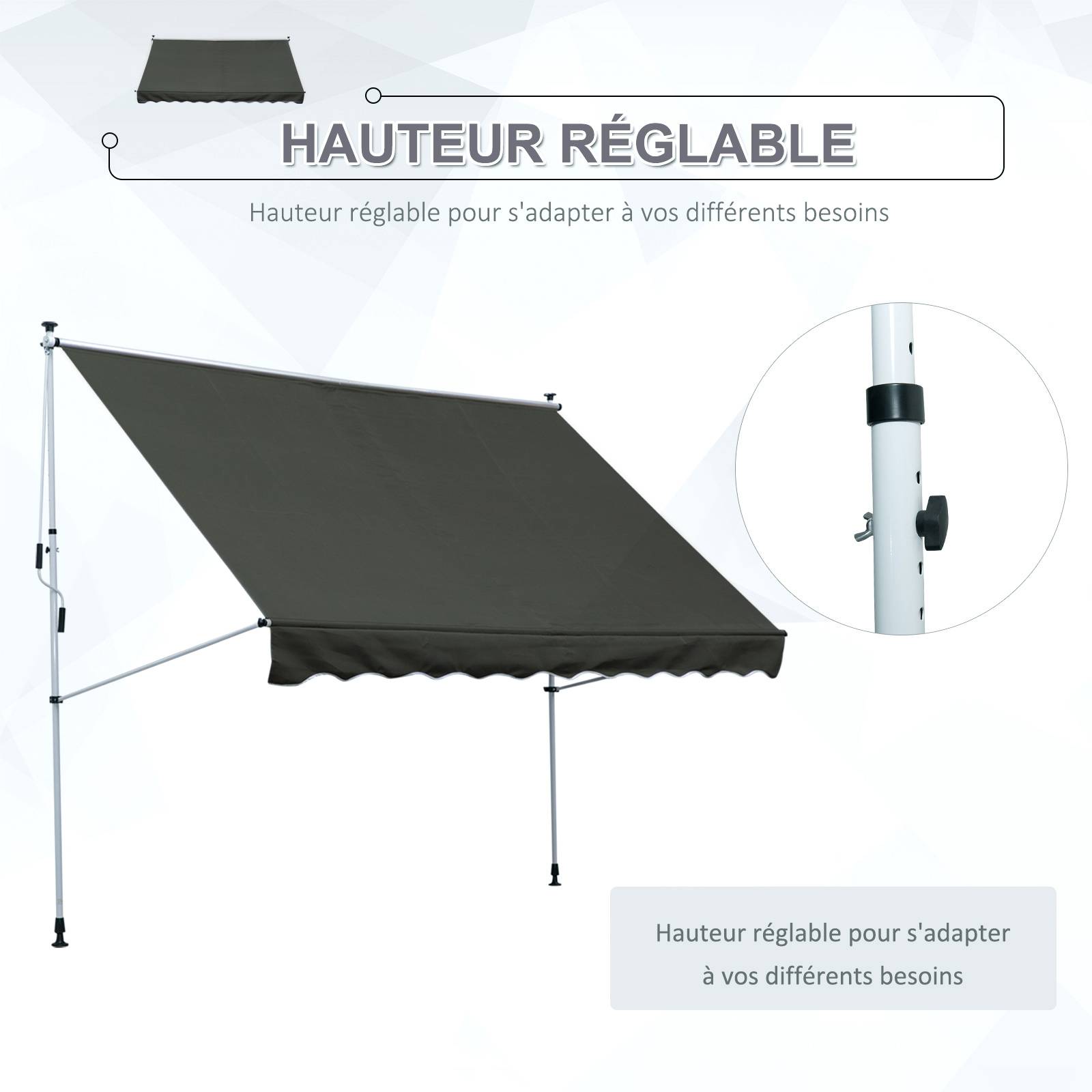 Store Banne Manuel Rétractable 3 x 1,5 m, Sans Perçage, Hauteur et Inclinaison Réglables, Aluminium et Polyester Anti-UV, Gris - Image 9