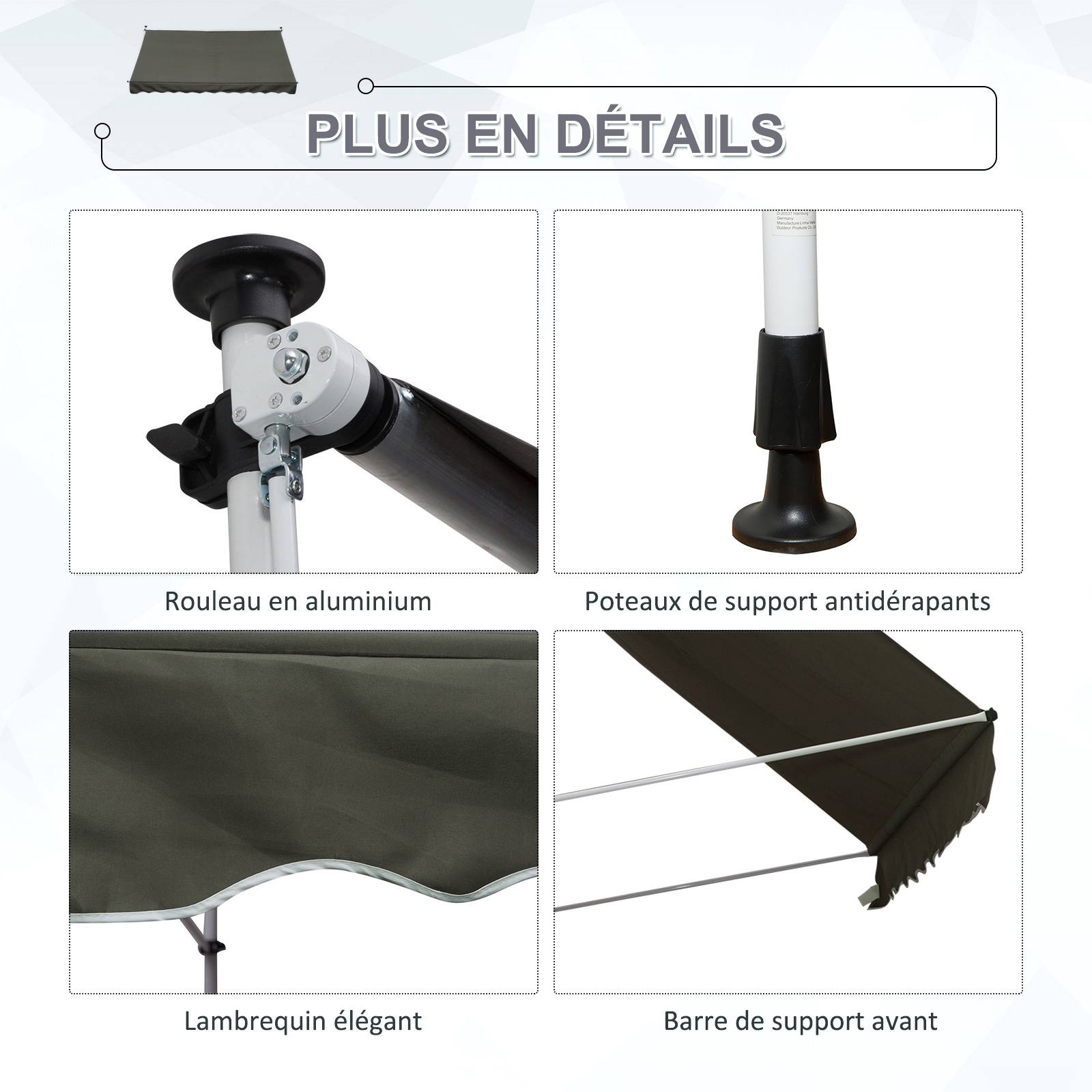 Store Banne Manuel Rétractable 3 x 1,5 m, Sans Perçage, Hauteur et Inclinaison Réglables, Aluminium et Polyester Anti-UV, Gris - Image 7