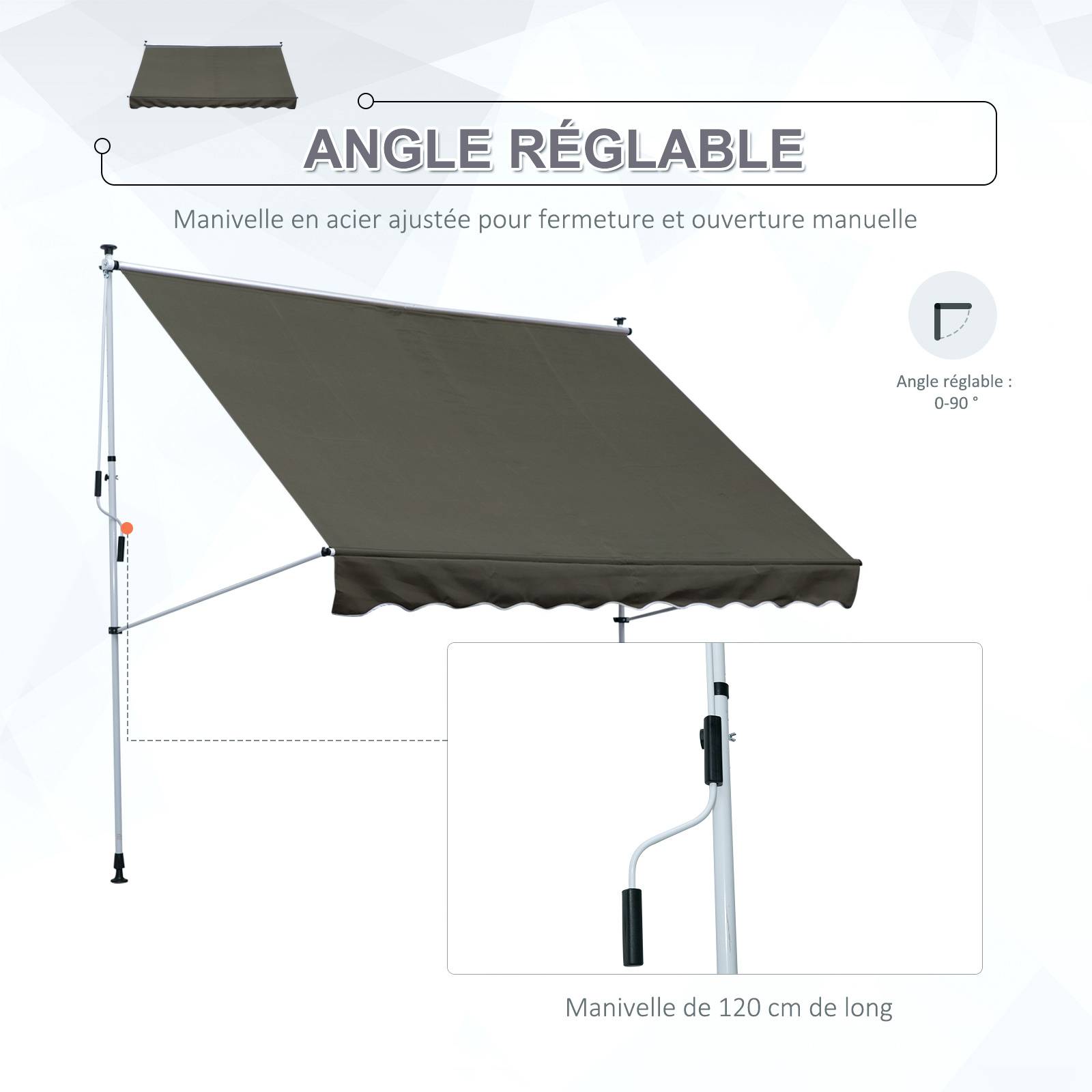 Store Banne Manuel Rétractable 3 x 1,5 m, Sans Perçage, Hauteur et Inclinaison Réglables, Aluminium et Polyester Anti-UV, Gris - Image 8
