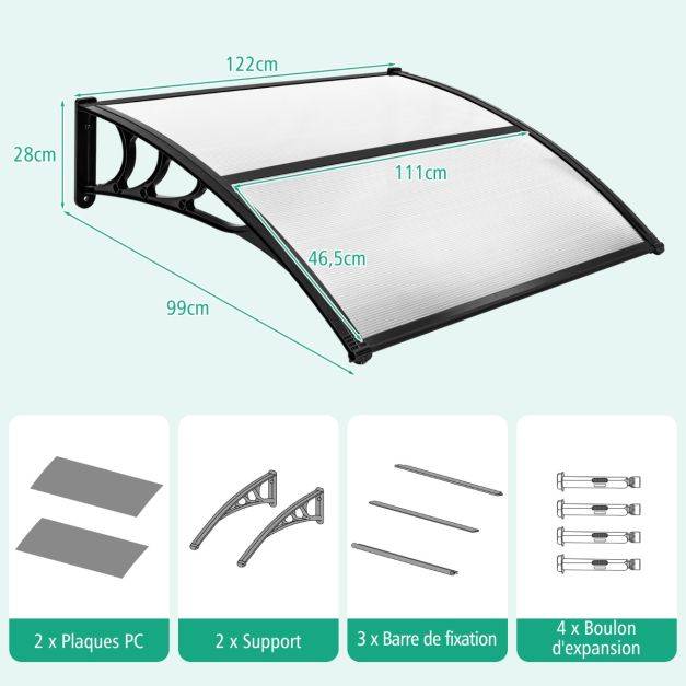 Helloshop26 - Auvent porte d'entree marquise de porte et fenêtre extérieur plaque en polycarbonate 122 cm gris transparent - Image 3