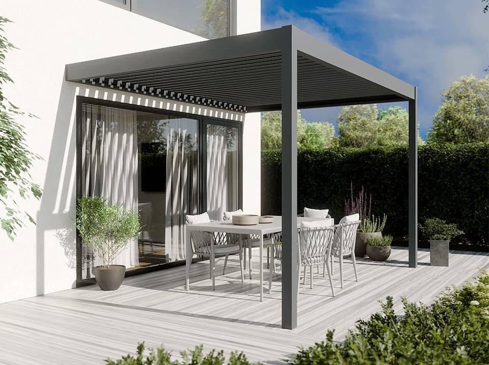 Pergola Bioclimatique Aluminium Adossee 12m² - 4x3m - Gris Anthracite - Image 1
