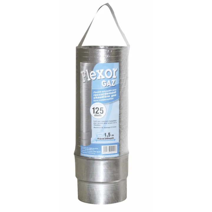 Flexible gaz pour raccordement - 1,5M de longueur extensible - modèle FLEXOR GAZ - diamètre 125/132 mm - livré avec raccord - Image 1