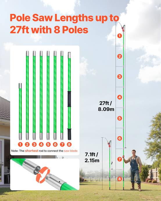 VEVOR Scie à Élaguer sur Perche Extensible Manuelle 2,15 m-8,09 m avec Ciseaux - Image 2