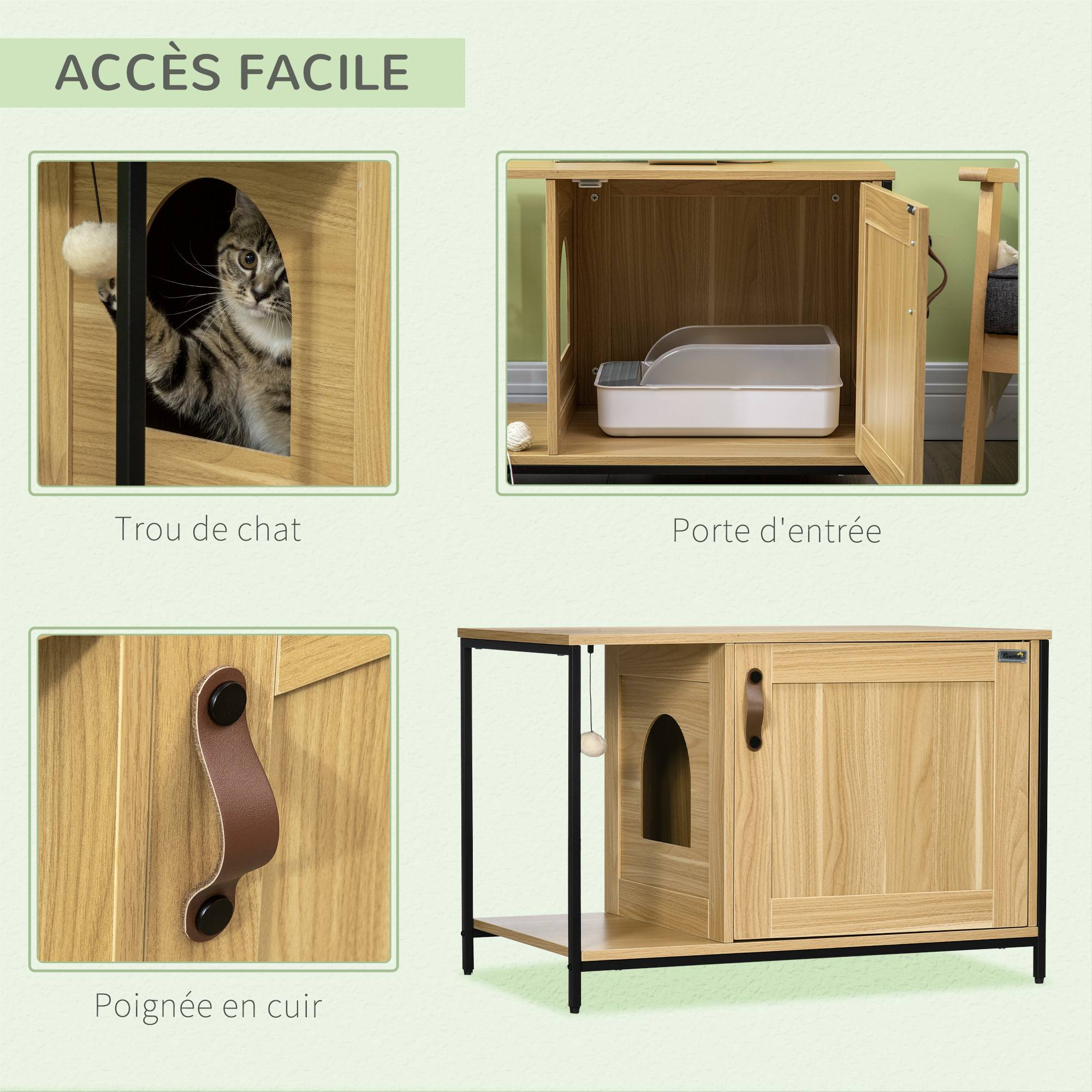 Sans Marque - Maison de toilette pour chat style industriel porte entrée latérale boule suspendue châssis acier aspect bois clair - Image 7