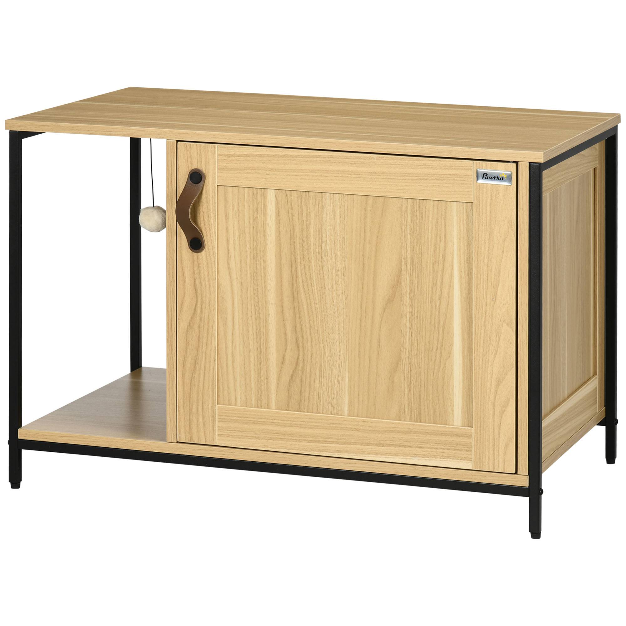 Sans Marque - Maison de toilette pour chat style industriel porte entrée latérale boule suspendue châssis acier aspect bois clair - Image 2