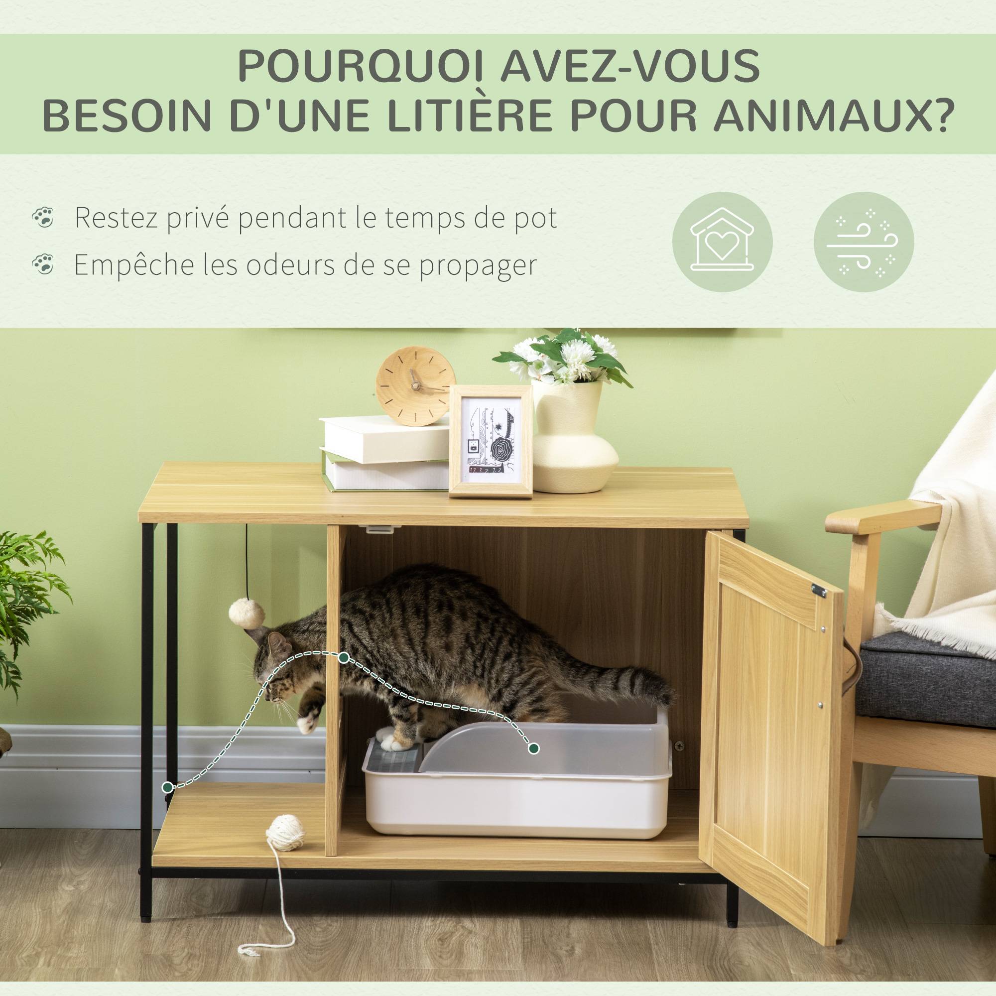 Sans Marque - Maison de toilette pour chat style industriel porte entrée latérale boule suspendue châssis acier aspect bois clair - Image 9