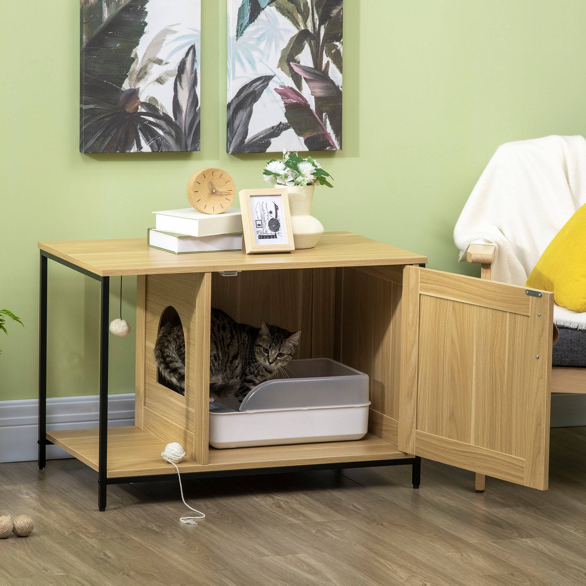 Sans Marque - Maison de toilette pour chat style industriel porte entrée latérale boule suspendue châssis acier aspect bois clair - Image 4
