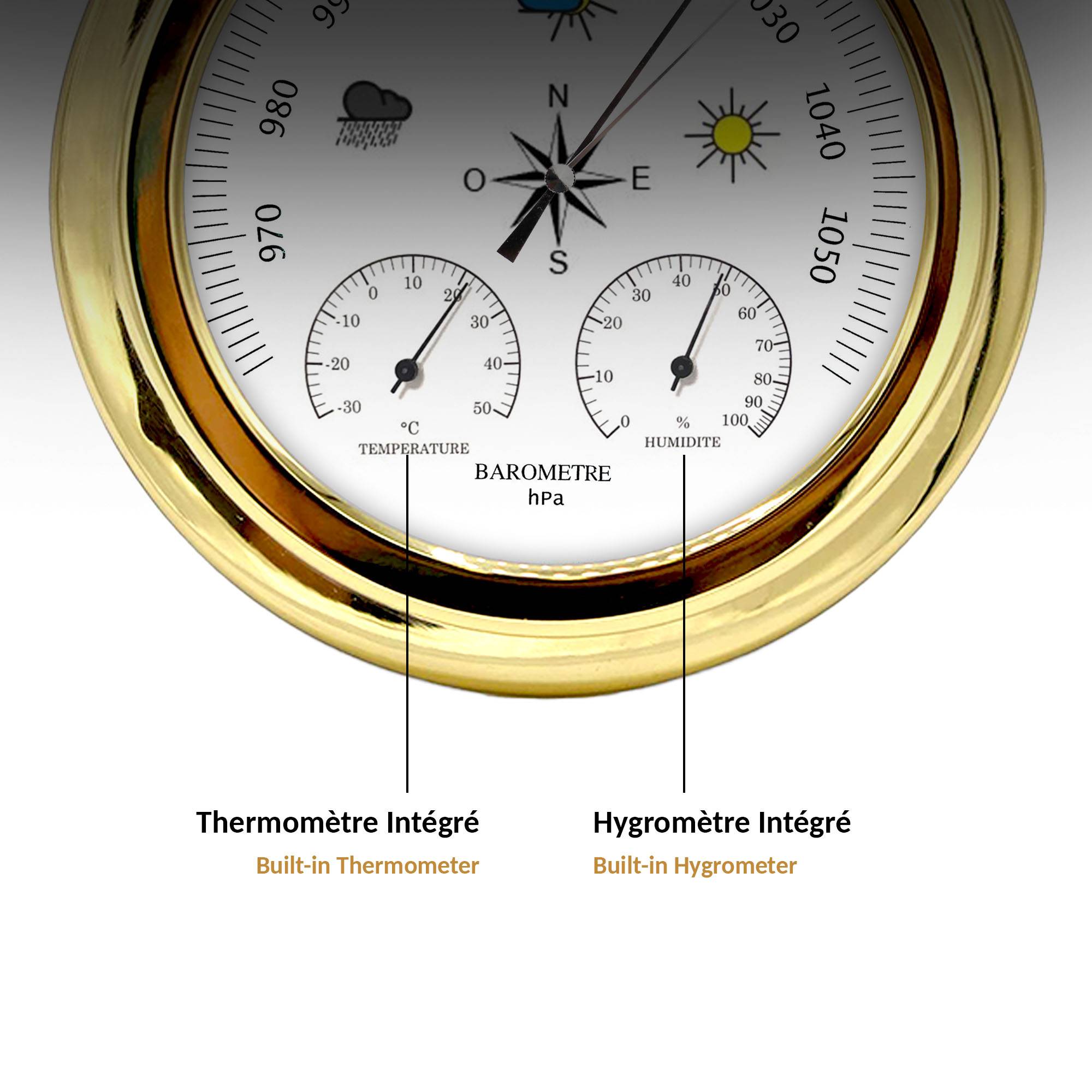 Fishtec - Baromètre Mécanique 3 en 1 avec Thermomètre et Hygromètre Cadre Doré 22,5 cm - Image 3