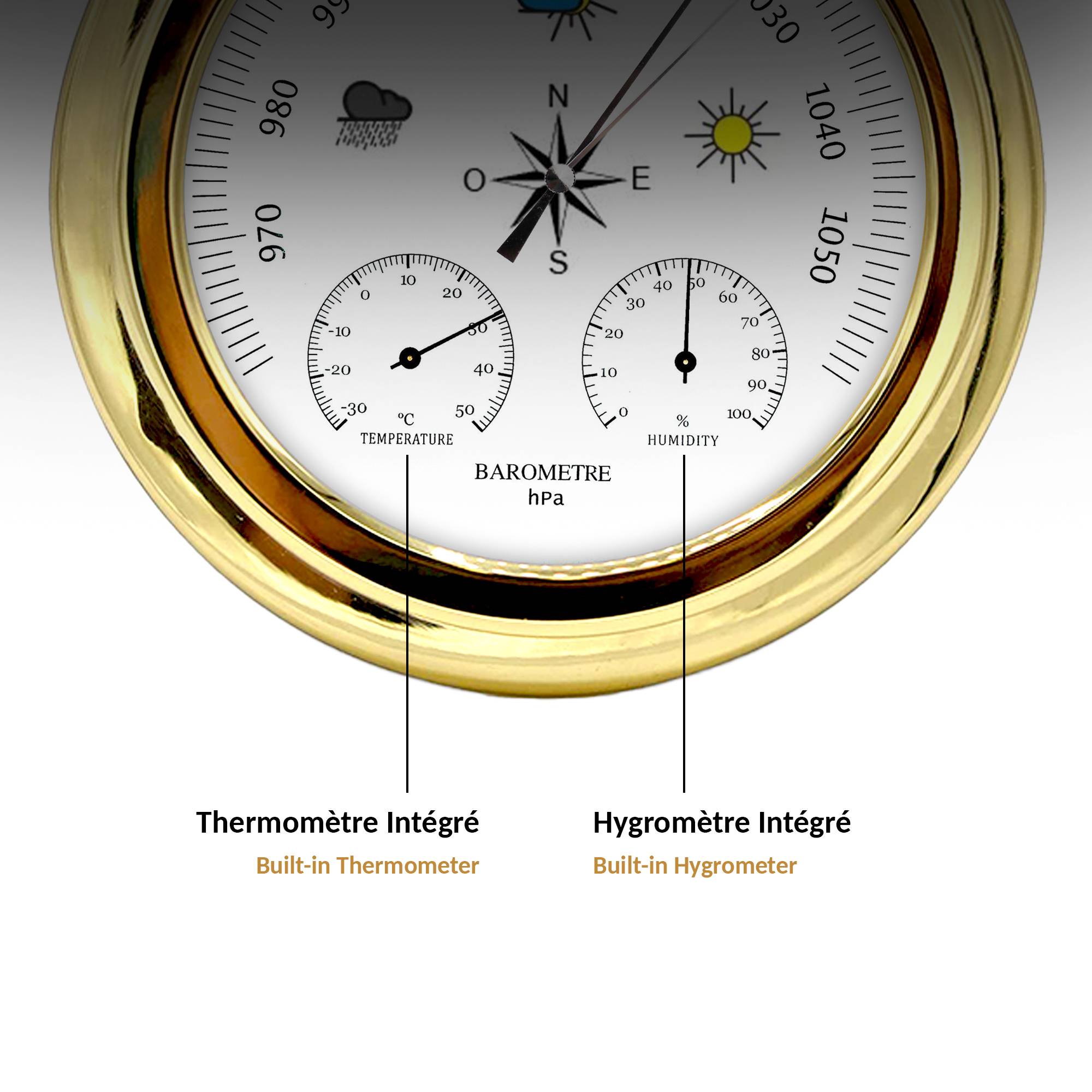Baromètre Mécanique 3 en 1 avec Thermomètre et Hygromètre Cadre Doré 22,5 cm - Image 3