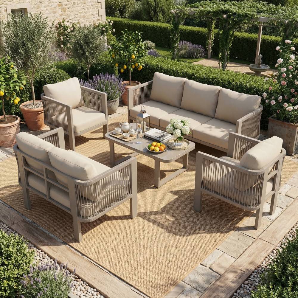 Ensemble de mobilier de jardin (5 pièces), plateau en verre, osier tressé, couleur kaki - Image 2