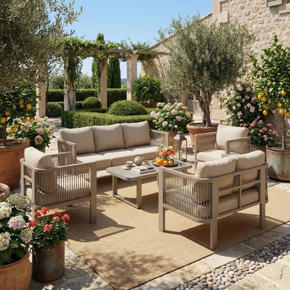 Ensemble de mobilier de jardin (5 pièces), plateau en verre, osier tressé, couleur kaki - Image 3