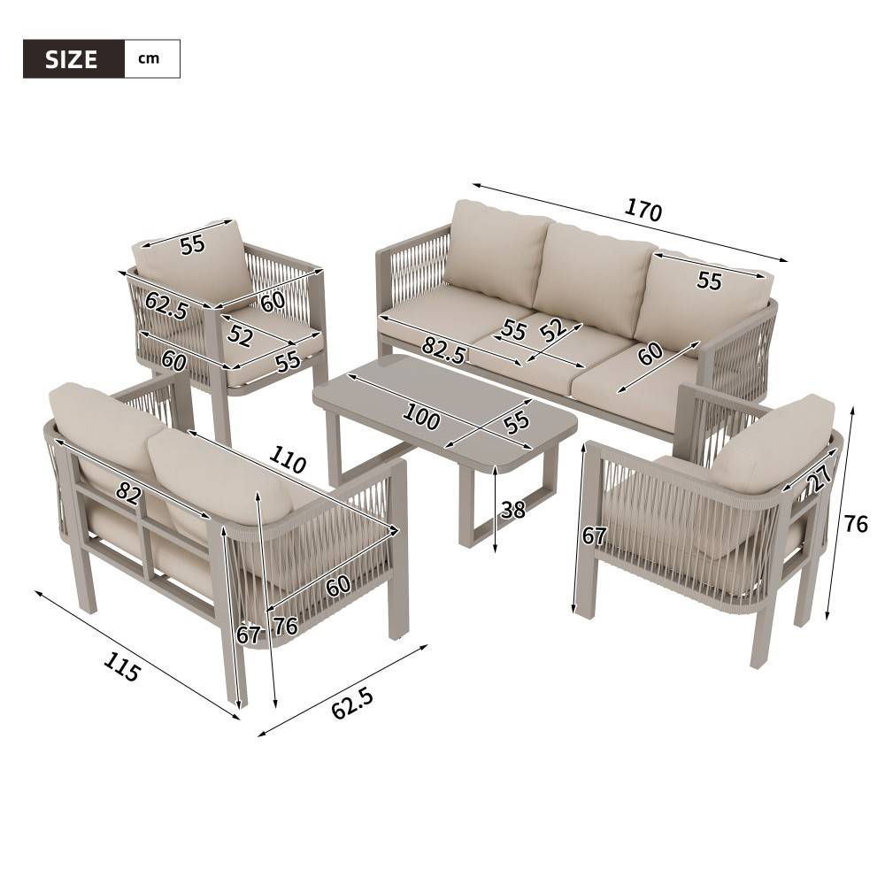 Ensemble de mobilier de jardin (5 pièces), plateau en verre, osier tressé, couleur kaki - Image 4