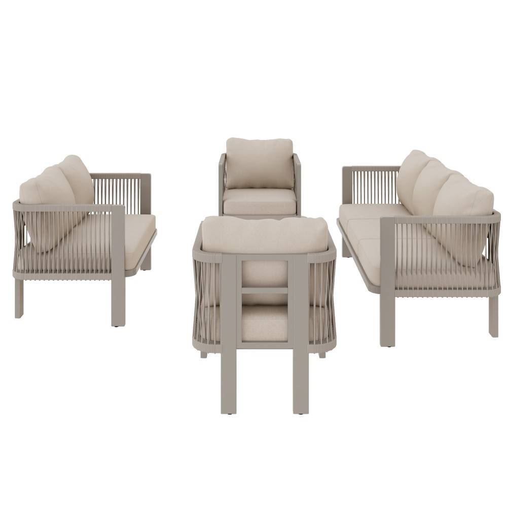 Ensemble de mobilier de jardin (5 pièces), plateau en verre, osier tressé, couleur kaki - Image 7