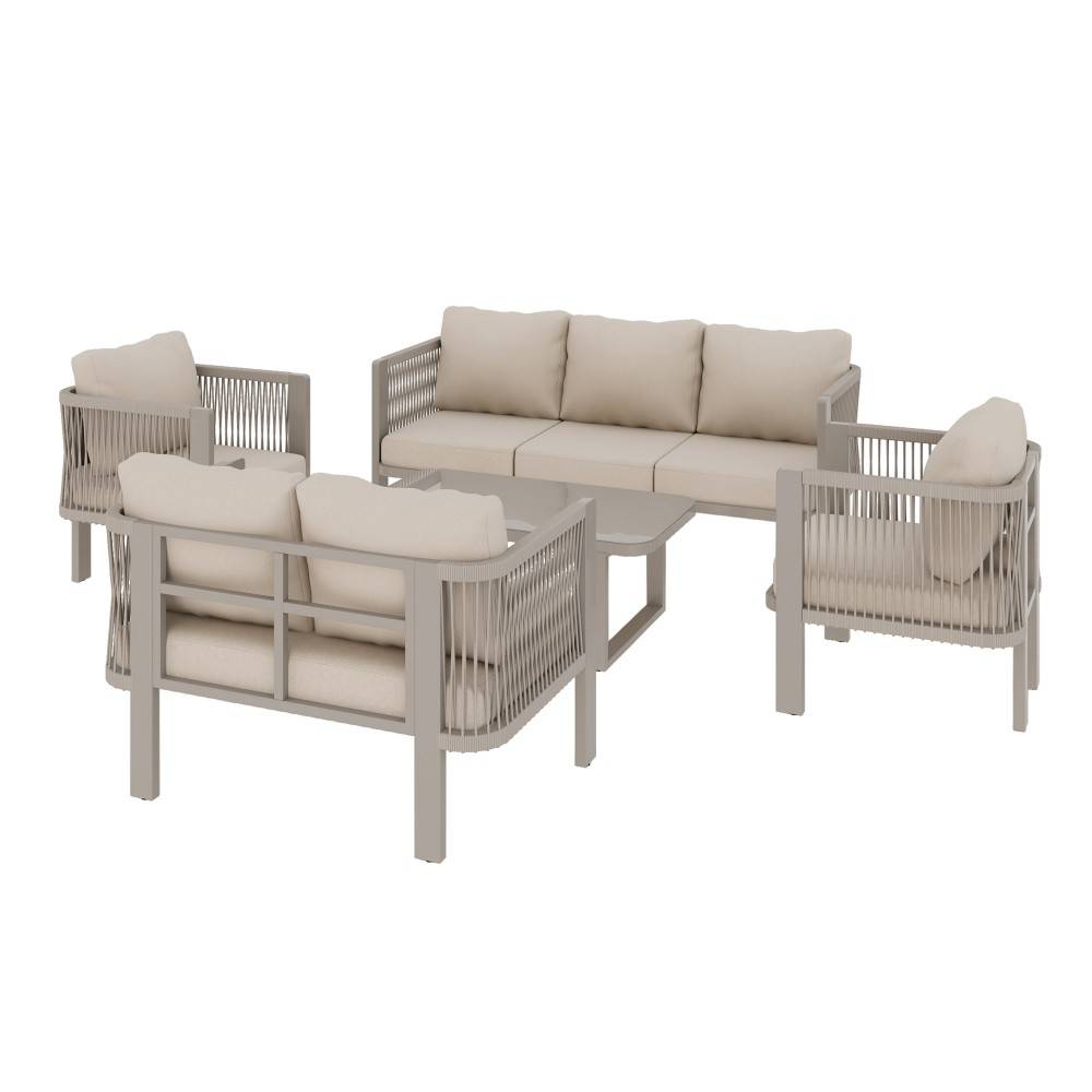 Ensemble de mobilier de jardin (5 pièces), plateau en verre, osier tressé, couleur kaki - Image 6