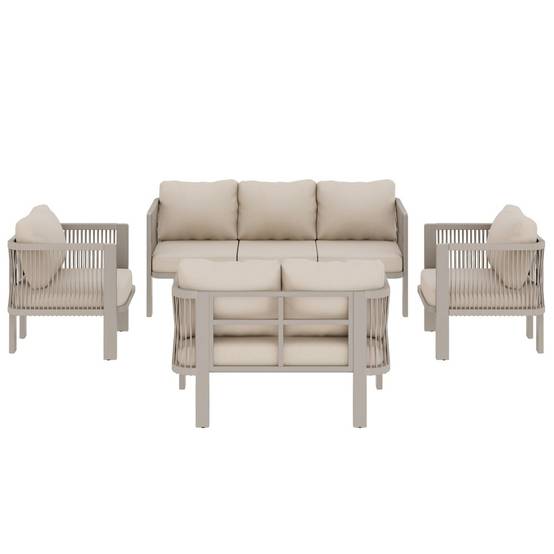 Ensemble de mobilier de jardin (5 pièces), plateau en verre, osier tressé, couleur kaki - Image 5
