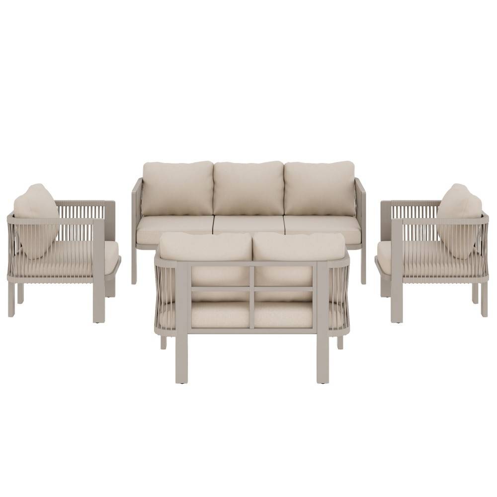 Ensemble de mobilier de jardin (5 pièces), plateau en verre, osier tressé, couleur kaki - Image 5