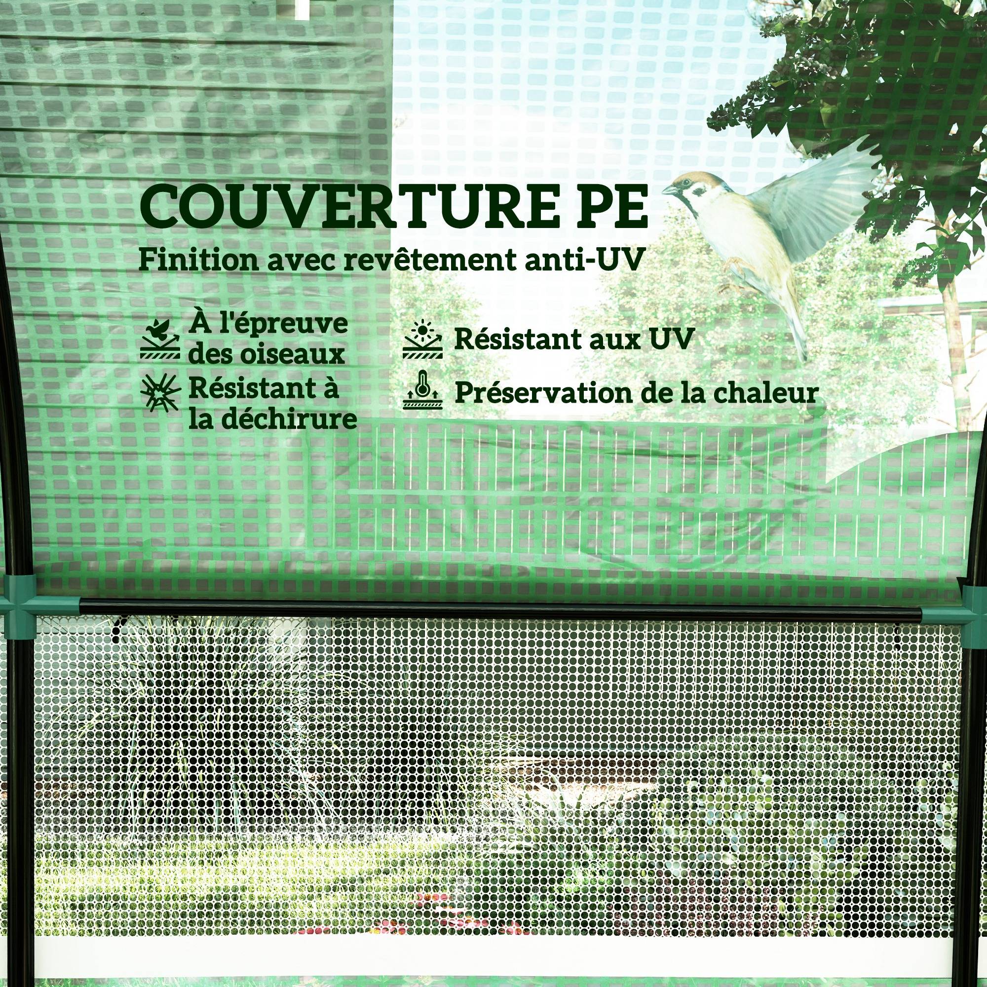 Serre de jardin serre tunnel de jardin 9m² PE Haute densité 135 g/m², avec 2 portes zippées 300 x 300 x 200 cm, vert - Image 6