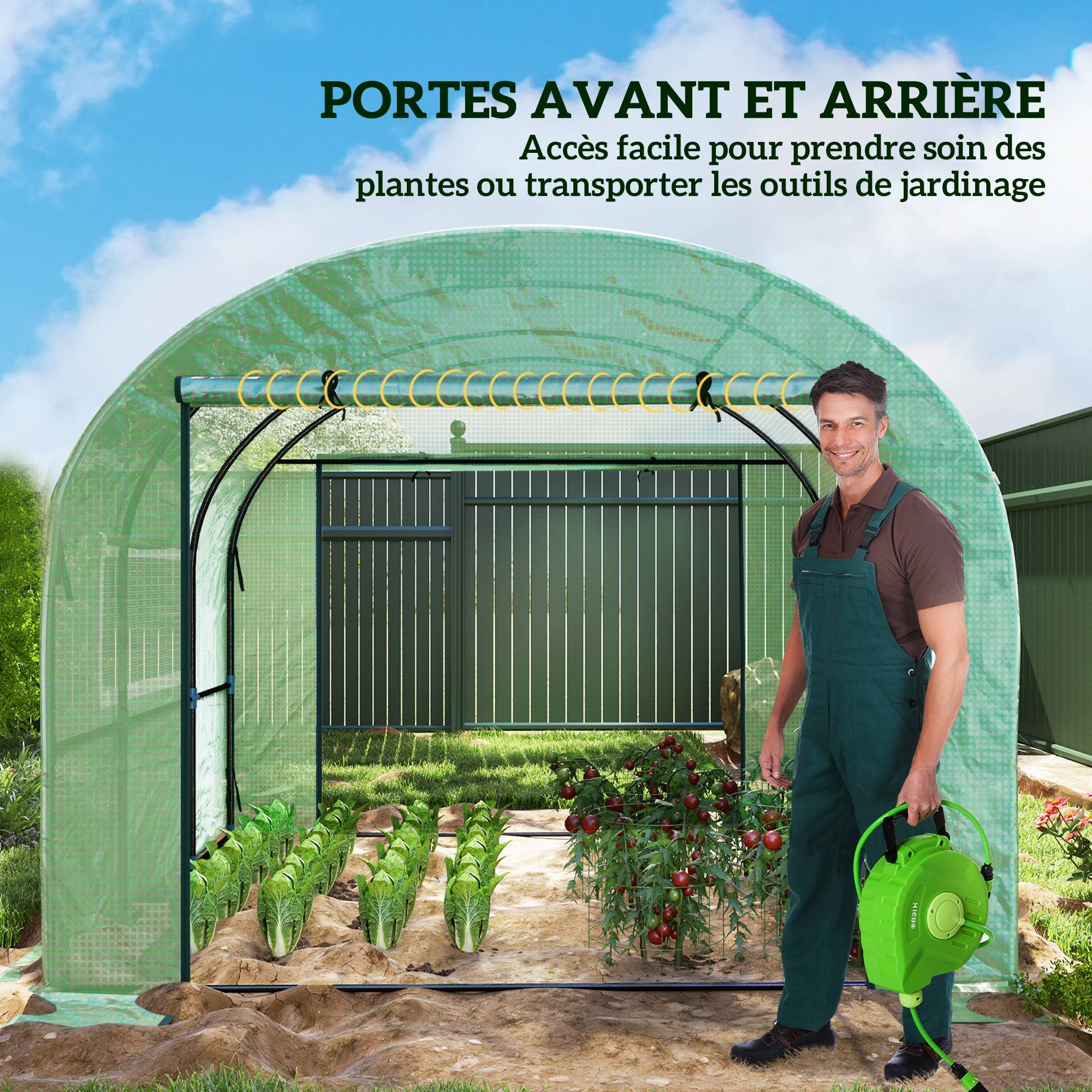 Serre de jardin serre tunnel de jardin 9m² PE Haute densité 135 g/m², avec 2 portes zippées 300 x 300 x 200 cm, vert - Image 7