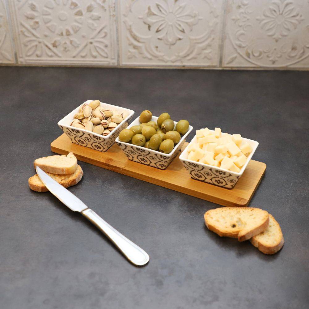 ~ Set apéritif tapas 3 verrines en bambou et céramique blanc et marron 36.5 x 10 cm Chemin de campagne - Image 3