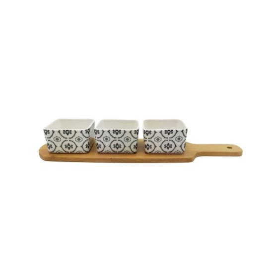 ~ Set apéritif tapas 3 verrines en bambou et céramique blanc et marron 36.5 x 10 cm Chemin de campagne - Image 1